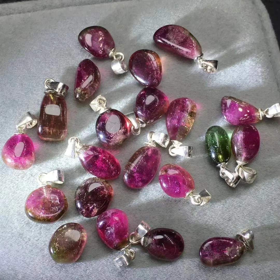 Цельный кулон из серебра 925 пробы с натуральным арбузом и турмалином