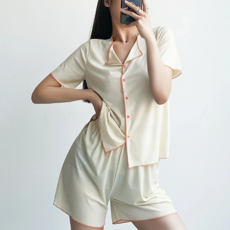 QWEEK Women's Pajamas Summer Sleepwear Cardigan Suits with Shorts Basic&Casual Turn Down Collar 2 Pieces Loungewear