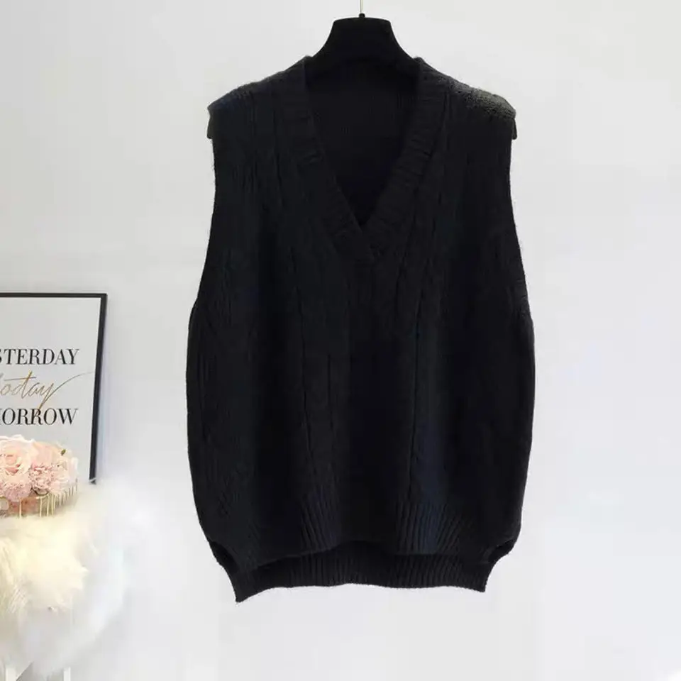 Women Twist Pullover Sweater Vest 2022 Autumn Sping New Loose Net Black V-neck Waistcoat Korean Ladies Wool Knitted Vest