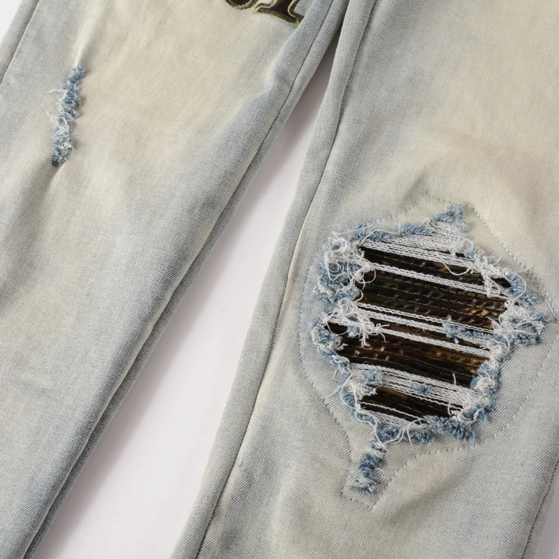 Streetwear Fashion Men Jeans Retro Light Blue Stretch Slim Fit Hole Ripped Jeans Men Brand Patch Designer Hip Hop Pants Hombre