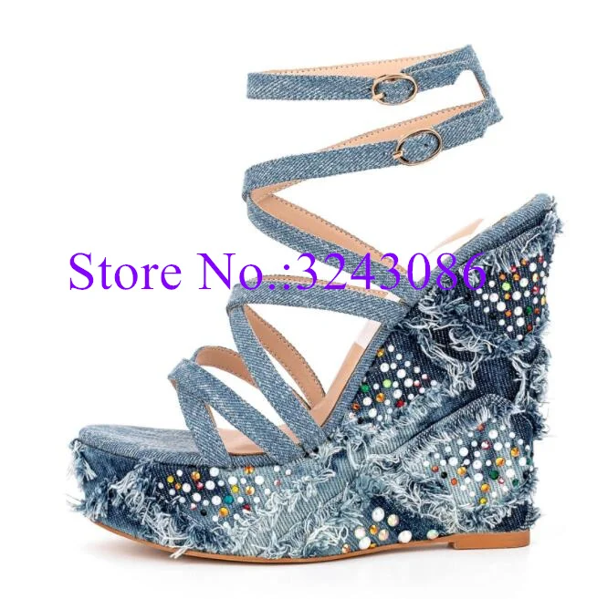 

New Denim Platform Wedge Sandals Lady Fashion Cross Straps Crystal Sandals Woman Sexy Summer Dress Shoes Dropship