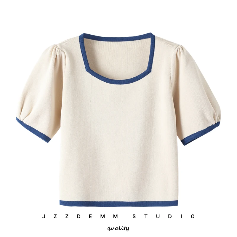 

French top women's summer square collar color-blocking slim fit short navel small short-sleeved t-shirt women