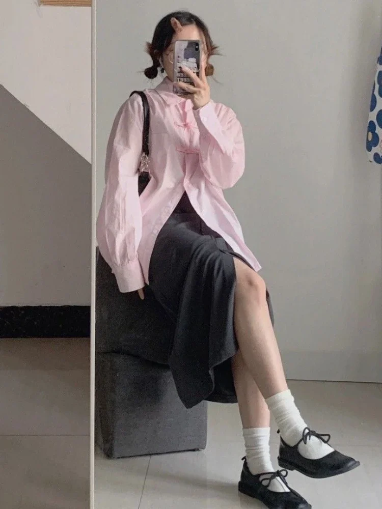 Блузка женская в китайском стиле Харадзюку с длинным рукавом и пуговицами