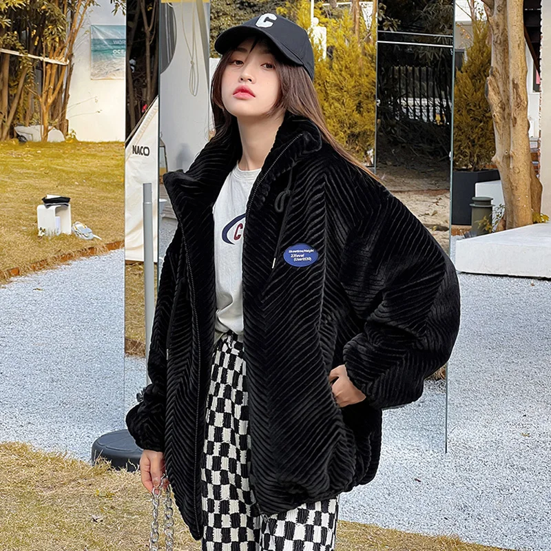 Winter women's corduroy parka women's Korean version loose plus size women's elegant stand collar Harajuku jacket couple jacket