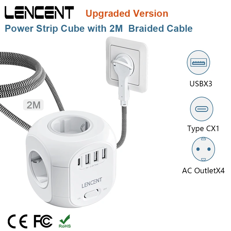 

LENCENT Upgraded Power Strip Cube with 4 AC Outlets 3 USB Port 1 Type C 2M Braided Cable Multi Socket with Switch for Home