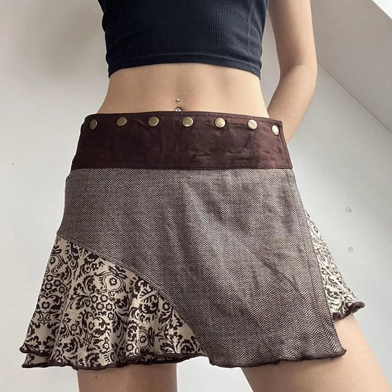 

Модная мини-юбка трапециевидной формы в стиле ретро с асимметричным цветным блочным рисунком и высокой талией, Летний Новый Стиль, с металлическими заклепками.