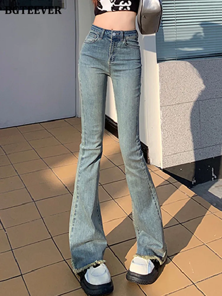 

BGTEEVER Vintage Skinny Women Flare Denim Trousers High Waist Pockets Female Solid Jeans Pants Spring Ladies Floor-Length Jeans