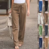 2022 summer new elastic waist solid color cotton and linen belt wide leg pants loose trousers womens clothing