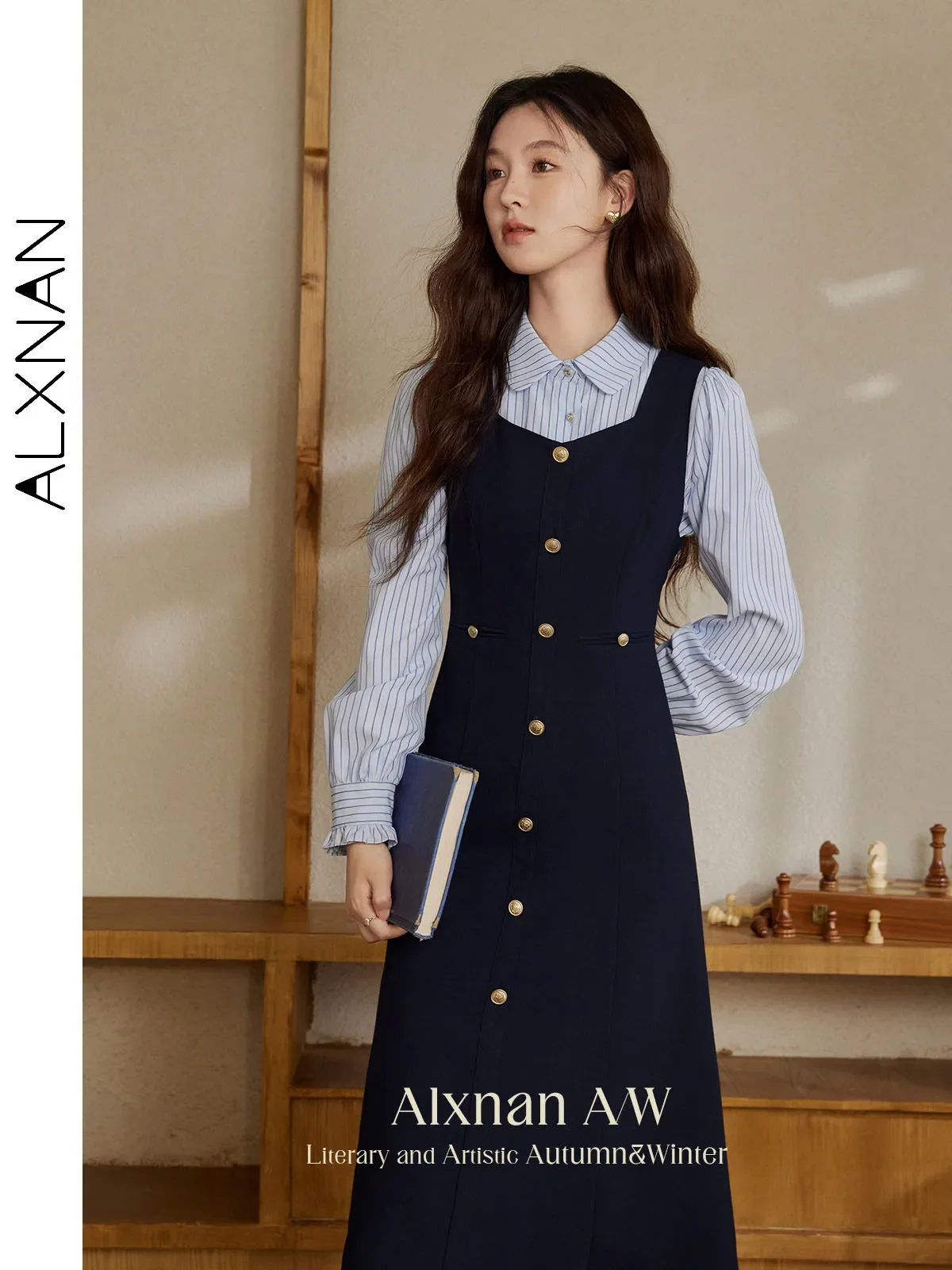 ALXNAN женские рубашки в полоску консервативном стиле простые с воротником