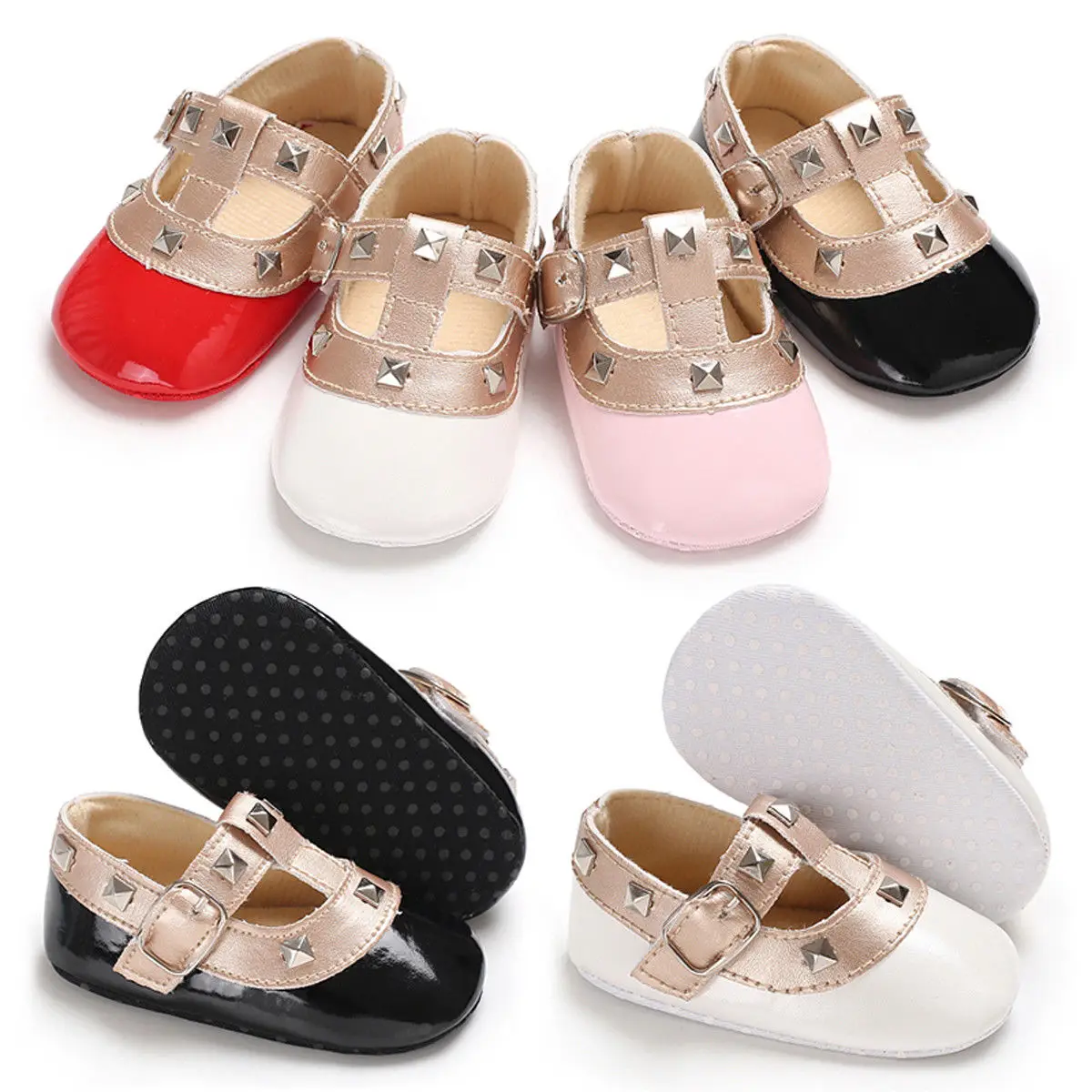 Newborn Baby Girls Bow Princess Shoes Soft Sole Crib Leather Solid Buckle Strap Flat with Heel Baby Shoes Toddler Fashion Shoes