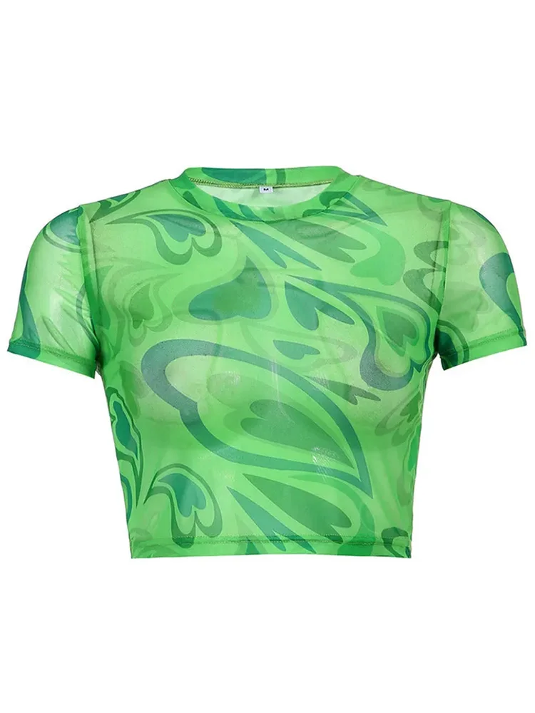 Футболка Vrouwen Zomer Roze Hart Gedrukt Esthetiek See Through Mesh Koreanaanse Korte Mouw Voor Zoete Kawaii Meisjes 2023