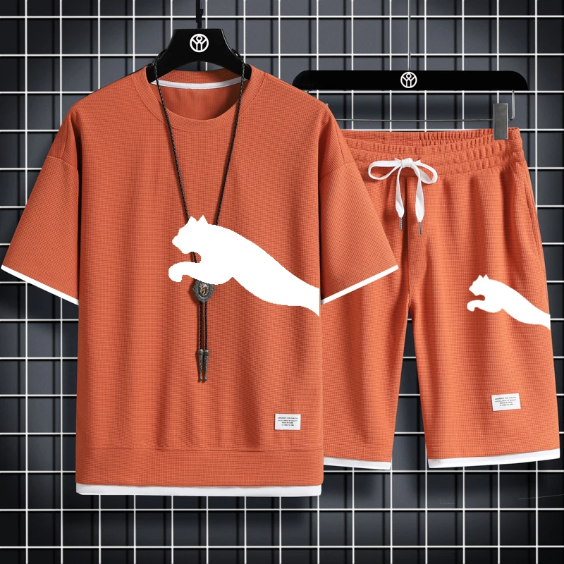 Traje deportivo de marca para hombre, traje de Fitness para correr, traje de ocio, camiseta + Pantalones cortos, secado rápido,