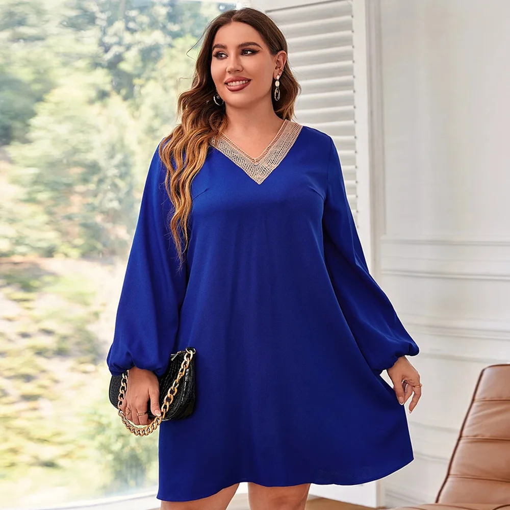

Loose casual patchwork lace long sleeve A-line dress dress plus size women clothing party dresses