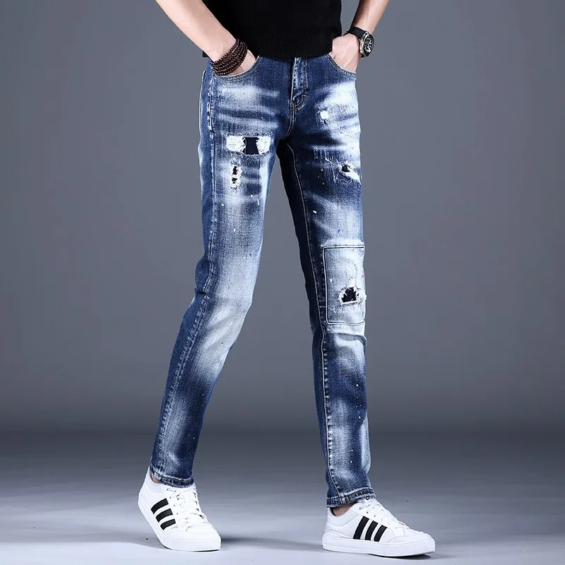 Summer Ripped Jeans Men Casual Lightweight Blue Pants Patch Jean Streetwear Fashion Slim Fit Denim Trousers
