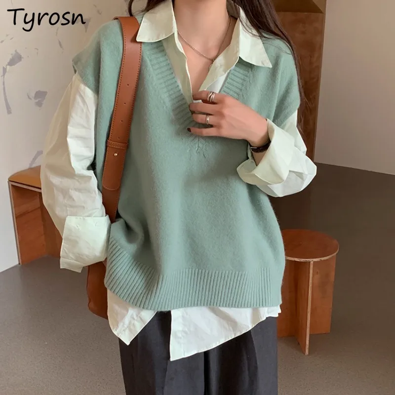 

Women Sweater Vests V-neck Solid Simple Harajuku Sweet Girls Retro All-match Jumpers Bf Style Cozy Tricot Streetwear Clothing