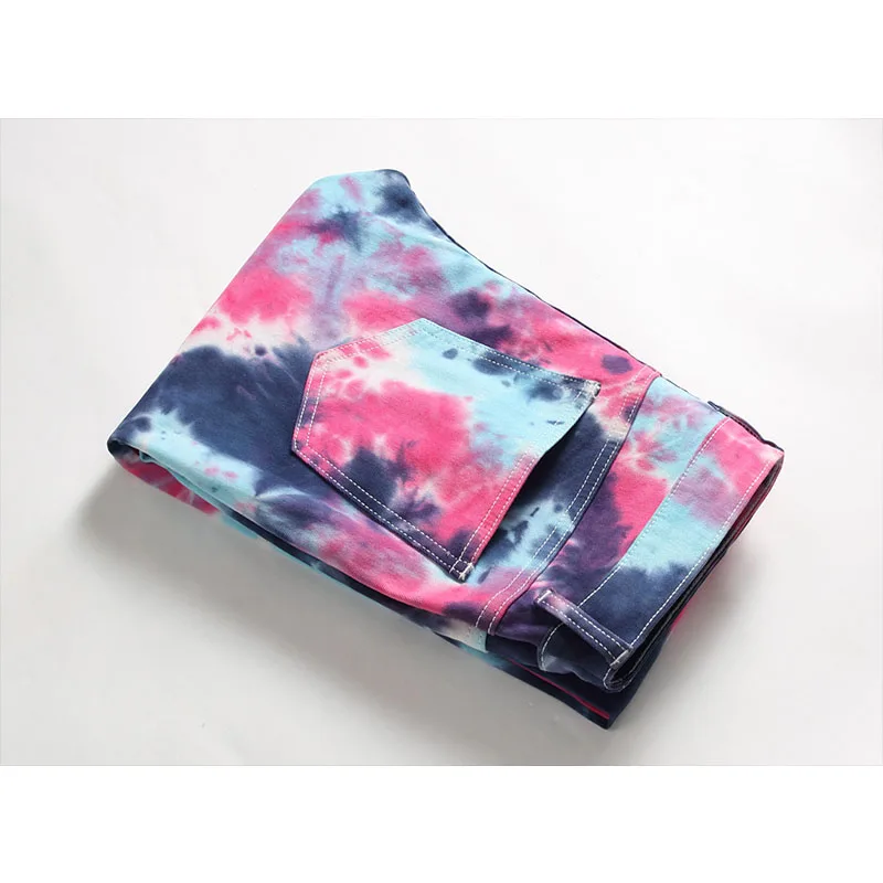 Men's High Quality Colour Tie-dyed Jeans Men Slim-fit No Ripped Wash Denim Pants Street Fashion Casual Straight Trousers