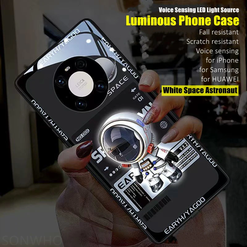 

Space Astronaut 7 Color LED Light Luminous Tempered Glass Phone Case for iPhone 11 12 13 14 X Xs Xr Mini Pro Max Plus Cover