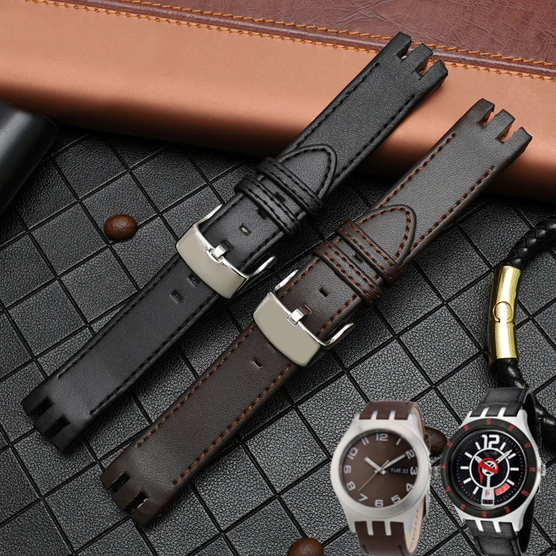 Фото Кожаный ремешок для часов Swatch YTS401/402/409/713/YTB400, браслет с изогнутым интерфейсом, мужские аксессуары для часов 20 мм №2