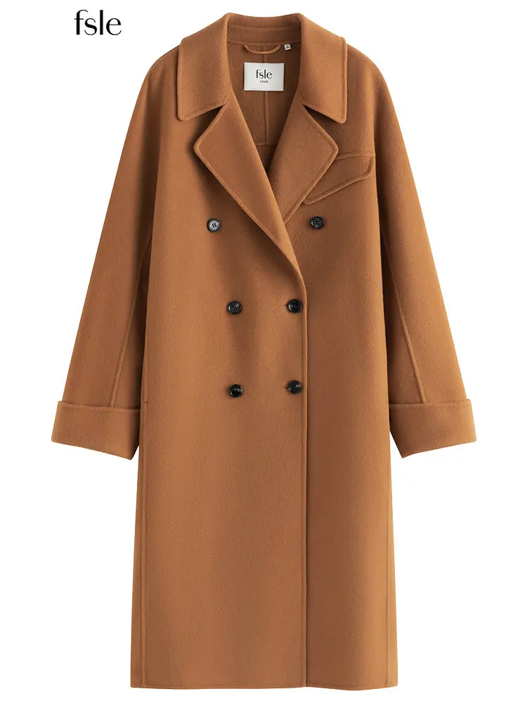 

Простая темпераментная Длинная шерстяная куртка FSLE из 100% шерсти, женские зимние двубортные шерстяные пальто в стиле Хепберн 2022