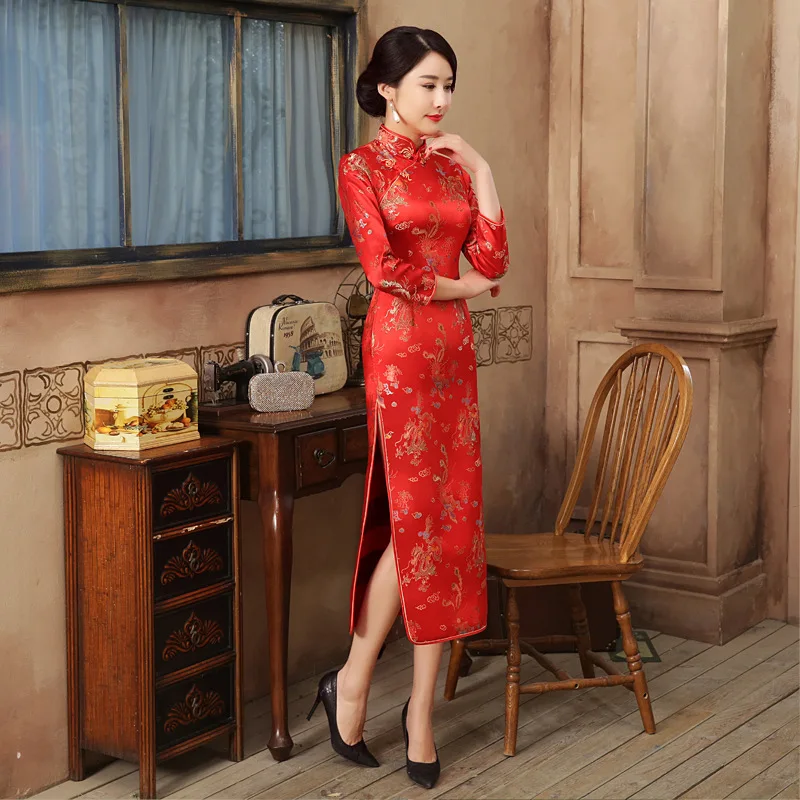 

Chinese Traditional Style Long Retro Elegant Dragon Cheongsam Temperament Slim Wedding Festive Celebration Qipao Dress for Women