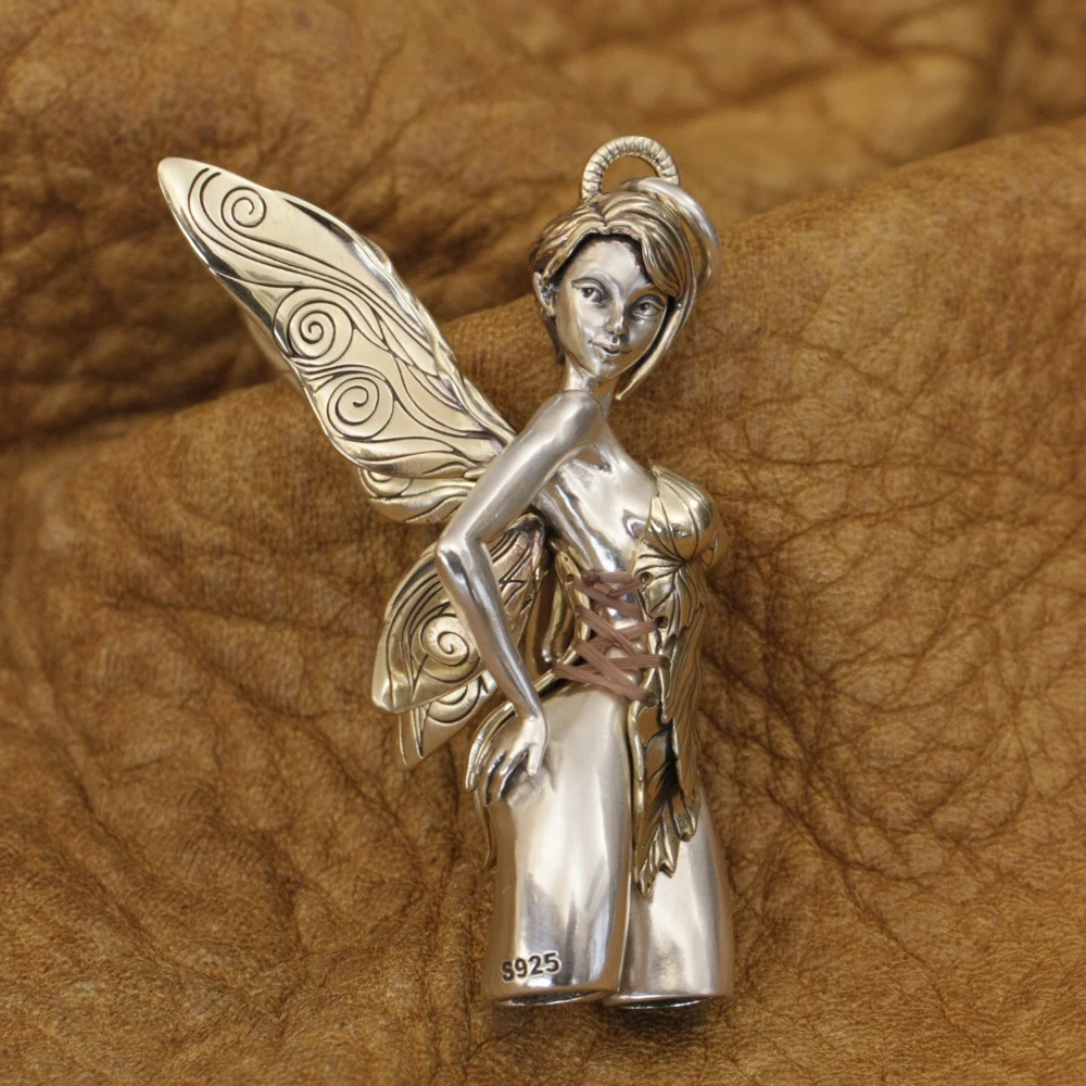 

LINSION Sexy Fairy Pendant 925 Sterling Silver Angel with Wing Pendant TA381
