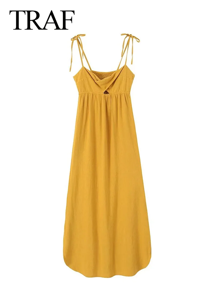 

TRAF Dress For Women Fashion Solid Spaghetti Strap Bowknot Lace Up Backless Tube Top Round Hem Elastic Waist Midi Sweet Vestidos