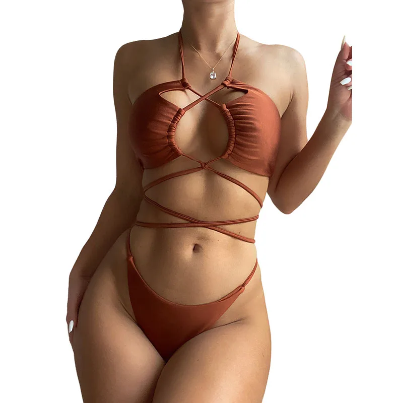 

Women's Sexy Bikini Set Tie-up Halter Cut-out Bandage Swim Bra Thong Solid Color Split Swimsuit Women's Swimwear Beachwear