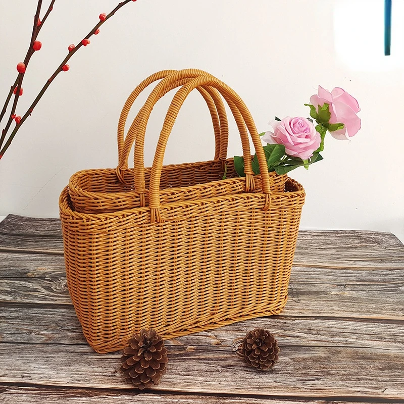 

Rattan woven portable basket shopping basket picnic basket fruit and vegetable basket woven solid imitation rattan basket