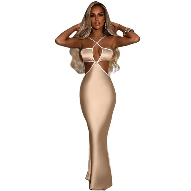 

Summer New Women's Clothing 2022 Fashion Temperament Sexy Solid Color Party Slim Fit Wrap Chest Cross Halter Neck Backless Dress