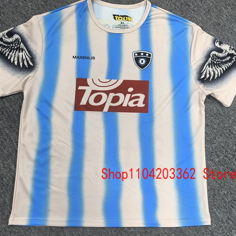 Настоящее фото сине-белый полосатый трикотаж CACTUS JACK сетчатая футболка с