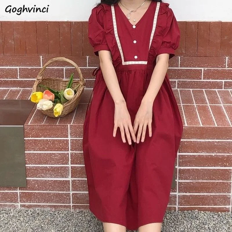 

Short Sleeve Dress Women V-neck Retro Sweet Tunic Vestidos Female Mid-calf A-line Schoolgirls Casual Stylish Daily Holiday Ins