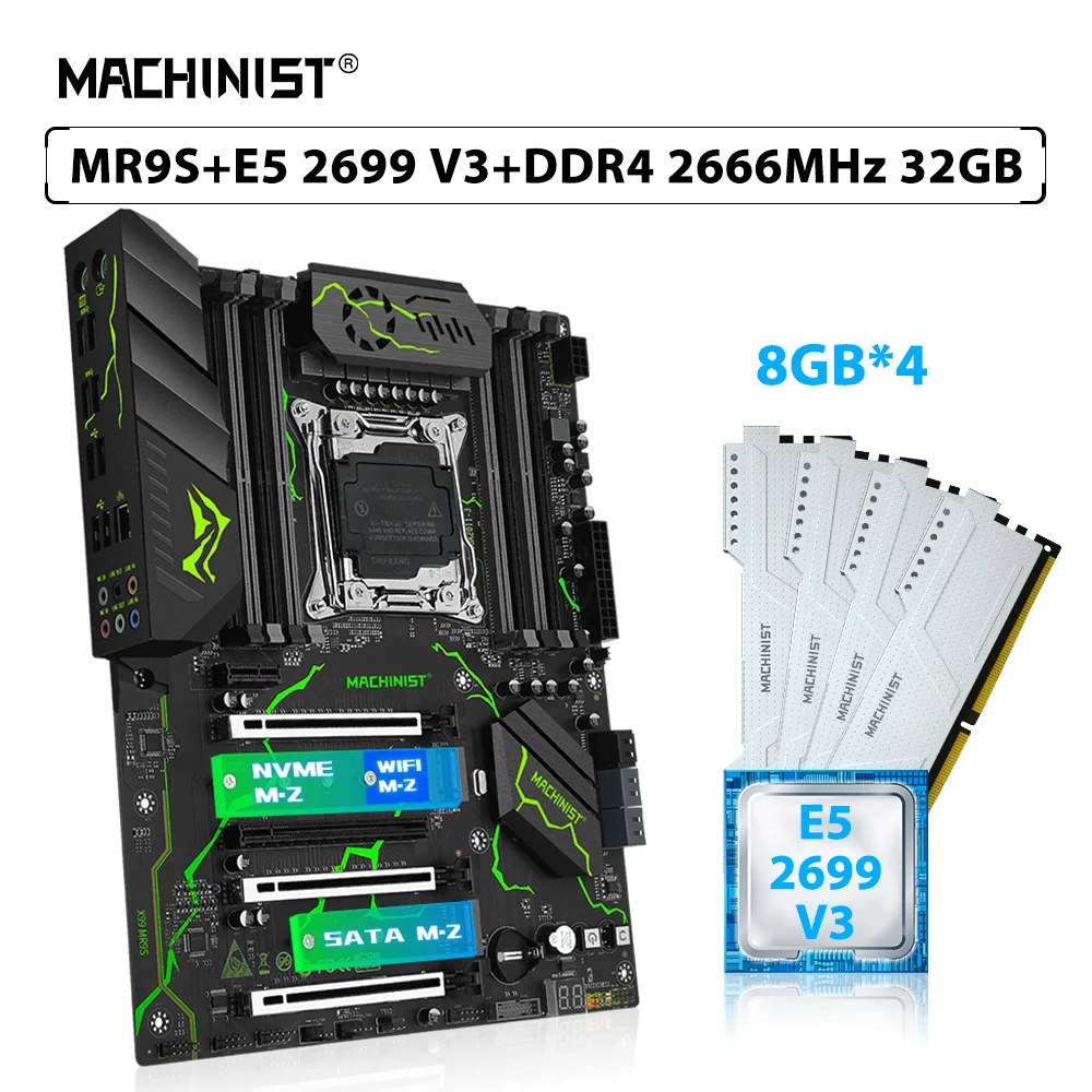 

Комплект материнской платы MACHINIST X99 MR9S LGA 2011-3, процессор Xeon E5 2699 V3, 32 ГБ = 4 шт. * 8 ГБ 2666 МГц DDR4, оперативная память NVME M.2