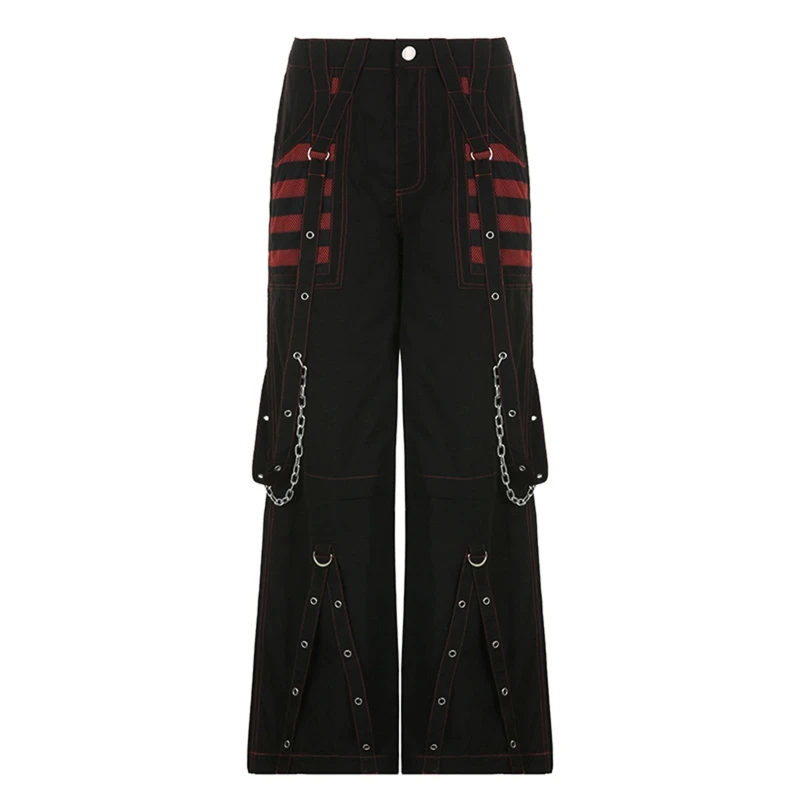 

MXMB Women Gothic Wide Leg Pants Harajuku Punk Striped Mesh Splicing Pockets Eyelets Bandage Metal Chain Baggy Loose Trousers