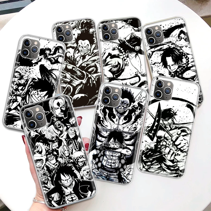 

One Piece Black White Anime Coque Phone Case For iPhone 11 Pro Max 12 Mini 13 7 8 Plus X XR XS SE 2020 6 6S 5 5S Apple Soft Cove