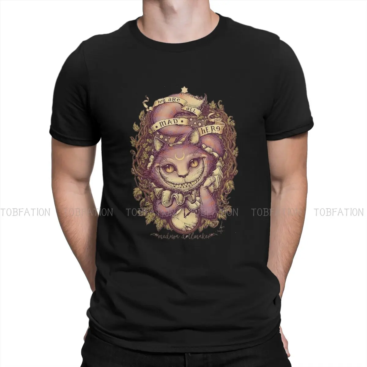 A Cat With A Grin A Shorthair Who Shows Up And Disappears A Calm Inviting Smile Round Collar TShirt  Pure Cotton Basic T Shirt