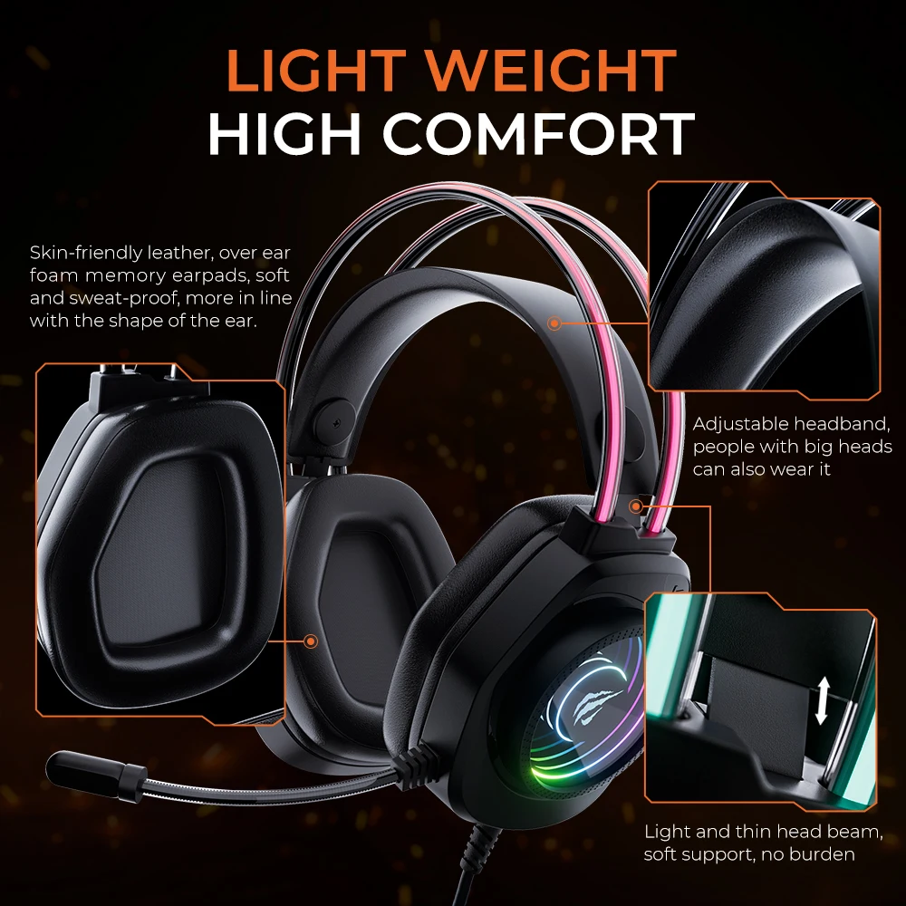 HAVIT H2016d RGB Gaming Headphone with Mic 3.5mm Wired Headset Gamer Overear Surround Sound for PC PS4 PS5 Xbox Switch Laptop