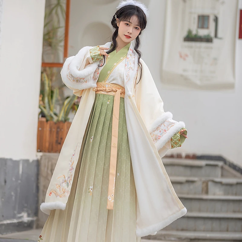 Winter Song Style Women's Han Chinese Clothing Placket Long Jacket Cross Collar Pleated Skirt Daily Fleece-Lined