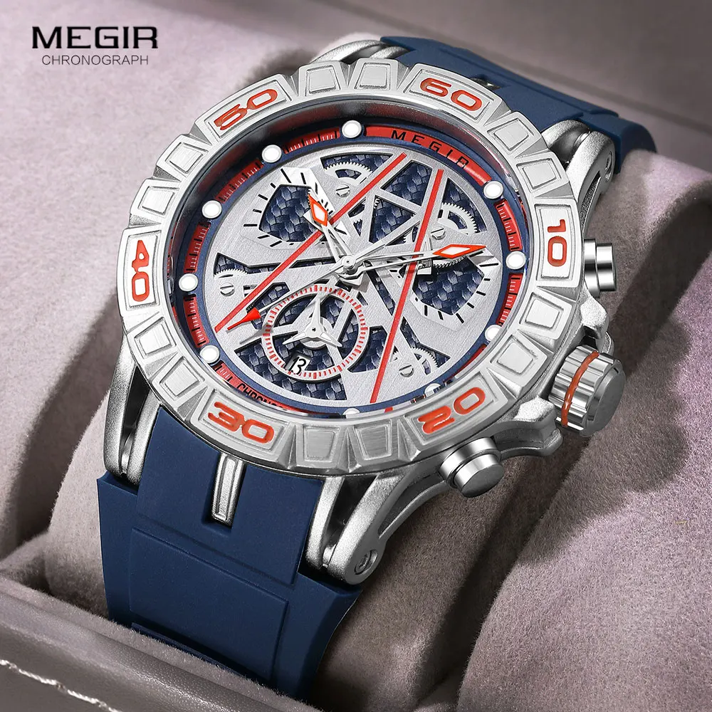 

MEGIR Navy Blue Military Sport Watch Men Luxury Chronograph Waterproof Quartz Wristwatch with Luminous Hands Date Silicone Strap