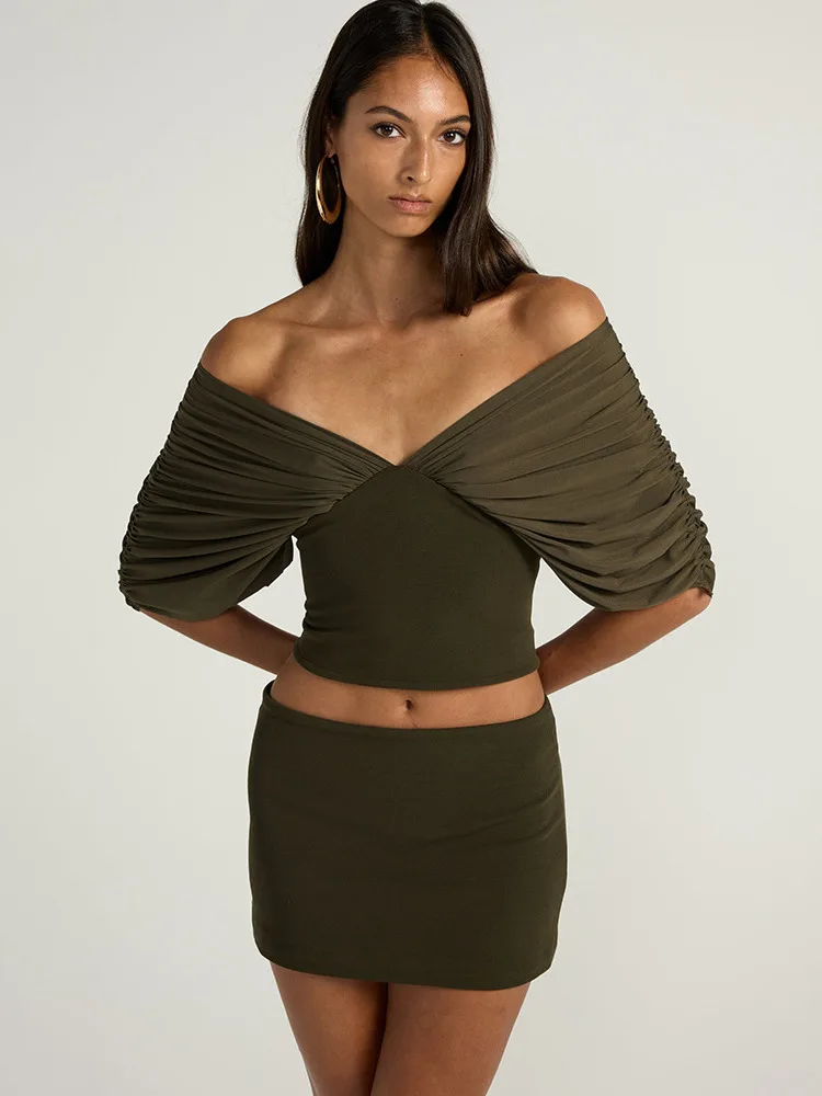 Фото Articat Fashion Элегантная однотонная футболка с глубоким V-образным вырезом и рукавами-летучая мышь для женщин, сексуальный облегающий топ с открытой спиной, пляжная одежда для отпуска №3