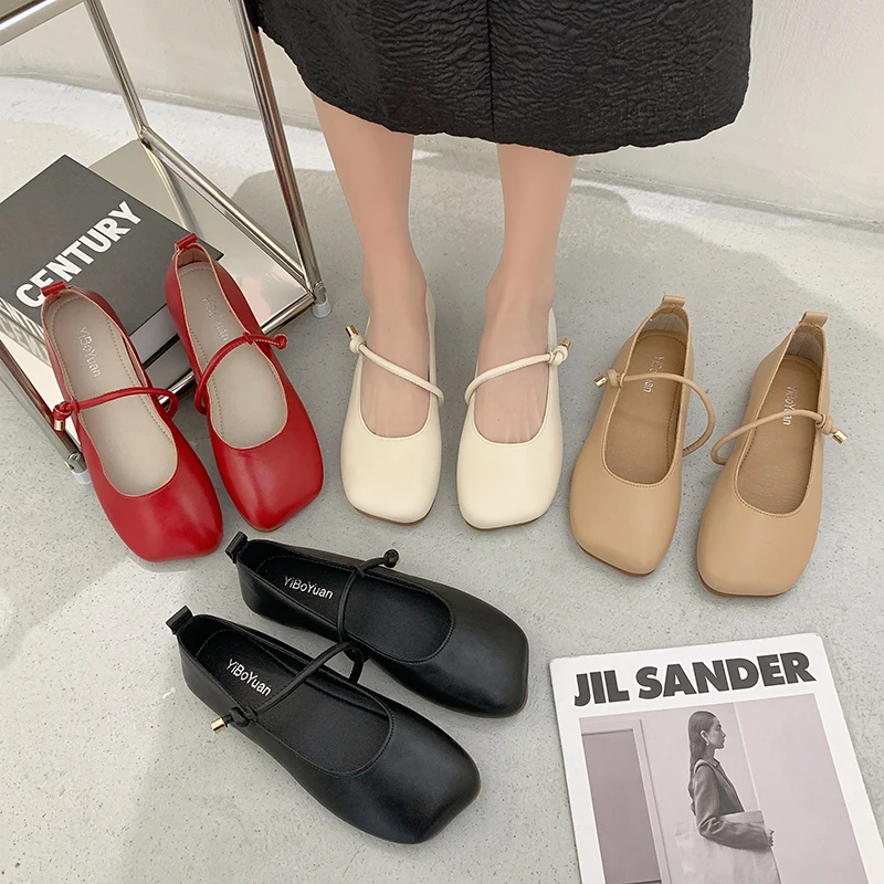 

Soft Leatherette Ballerinas Women Rope Belt Ballet Flats Square Toe Loafers Ladies Retro Red Mary Janes 2022 New