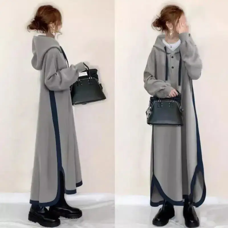 Женское длинное платье-свитшот с капюшоном и длинным рукавом