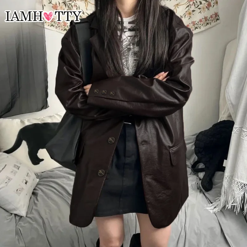 

IAMHOTTY Retro Street Style Oversized Pu Leather Jackets Brown Korean Style Loose Button Up Cardigan Autumn Punk Boyfriend Coat