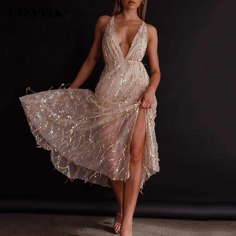 

Женское вечернее платье миди на бретелях-спагетти с глубоким V-образным вырезом