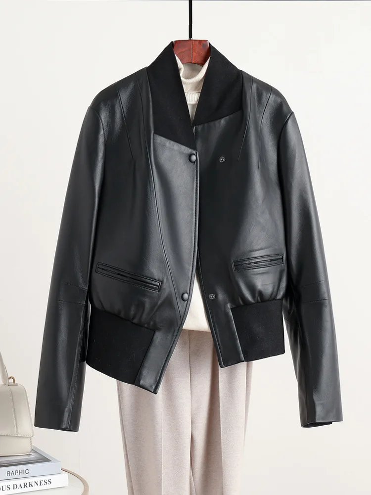 Women's winter sheepskin coat workwear elegant slim black basic real leather stylish irregular short coat