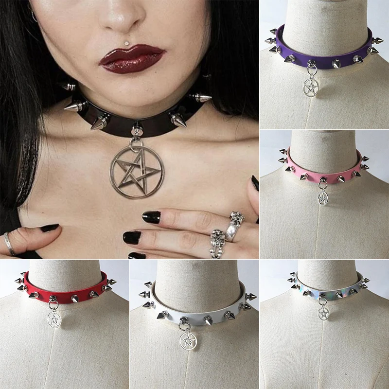 

Women Pentagram Star Leather Choker Punk Leather Supernatur Spike Rivet Collar Studded Necklace Girls Gothic Jewelry