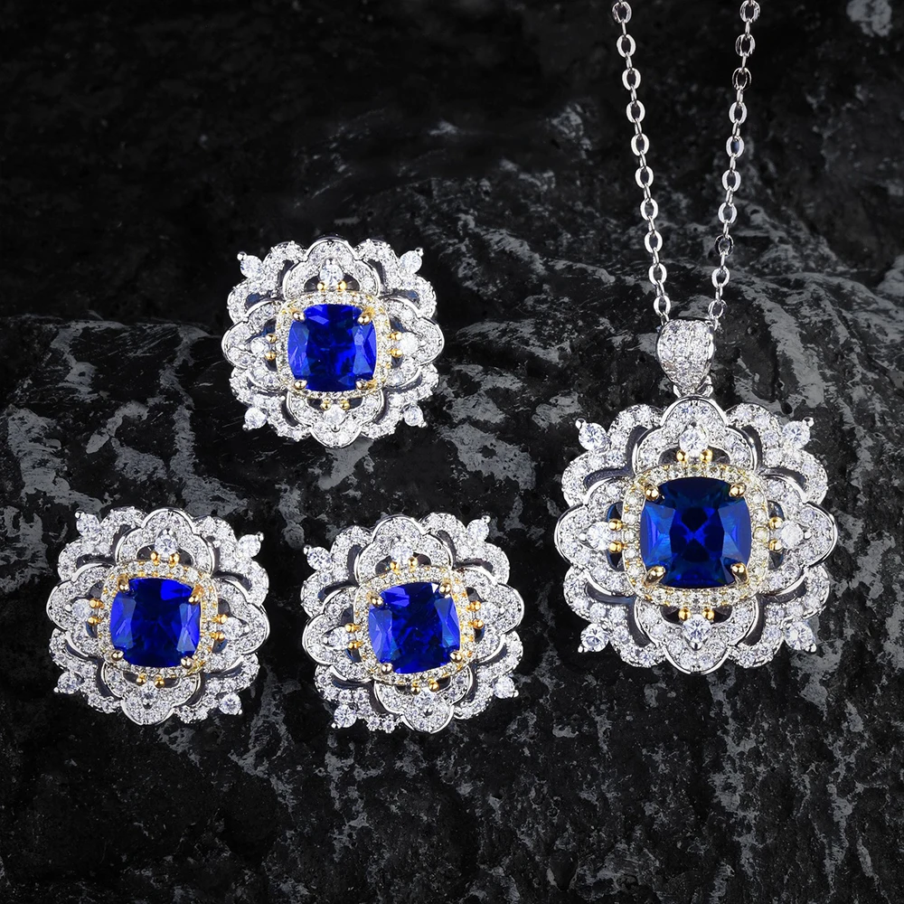 

WPB Premium Jewelry Set Women Tanzania Blue Flower Necklace Earrings Rings Female Luxury Jewelry Bright Design Girl Gift Lady