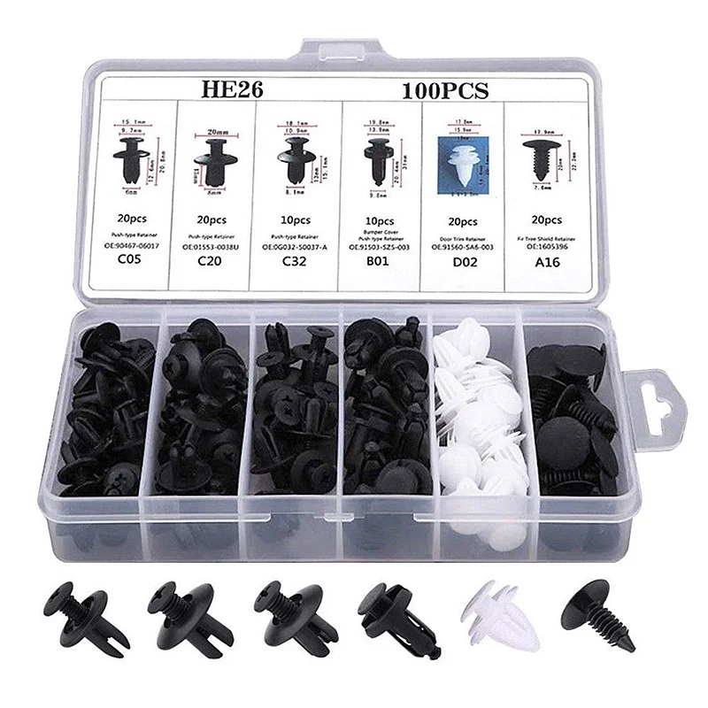 

6 Size 100pcs Auto Fastener Car Clips Mixed Body Push Retainer Pin Rivet Bumper Door Trim Panel Retainer Fastener car interior