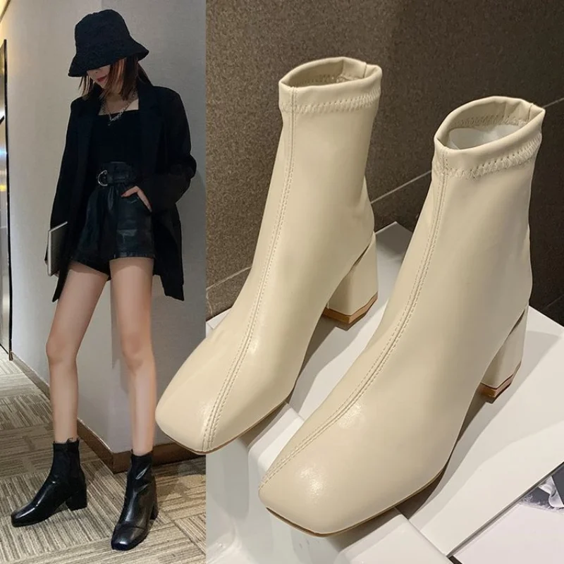 2023 Women Ankle Boots Females Shoes Square Toe High Heels Black White Classic Vintage Leather Comfort Breathable Chelsea Boots