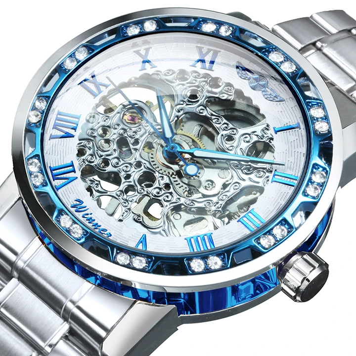

Transparent Diamond Mechanical Watch Blue Stainless Steel Skeleton Mens Watches Top Brand Luxury Business Fashion Style 2023