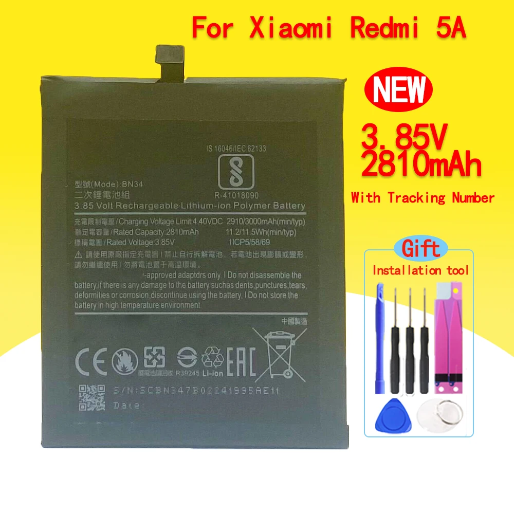 Высококачественная Новая батарея 2810 мАч для смартфона Xiaomi Redmi 5A/умная фотобатарея с номером отслеживания мобильный телефон BN34
